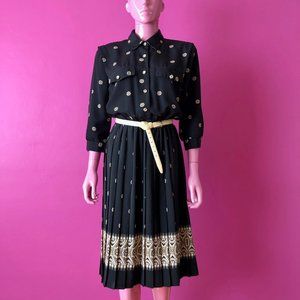 Vintage 80s M/L Secretary Dress Midi Blouson Pleated Shoulder Pads Black Cream